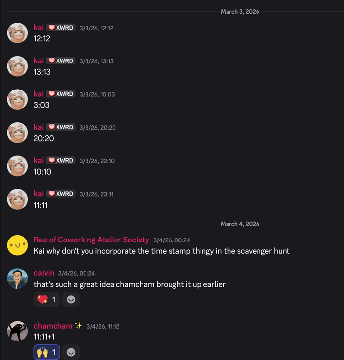 Representative Discord screenshot of the #random showing many angel number (-esque) times submitted by me, along with a brief suggestion that we integrate this into the scavenger hunt.