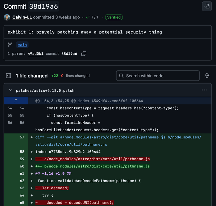 Screenshot of a particularly noteworthy commit, in which we patch the pathname handling of the underlying Astro library. The commit is named 'exhibit 1: bravely patching away a potential security thing' 