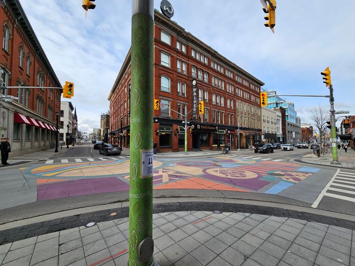 The intersection of King and Queen Street, with our 'chess symposium' posters put up on streetlight poles at each street corner.
