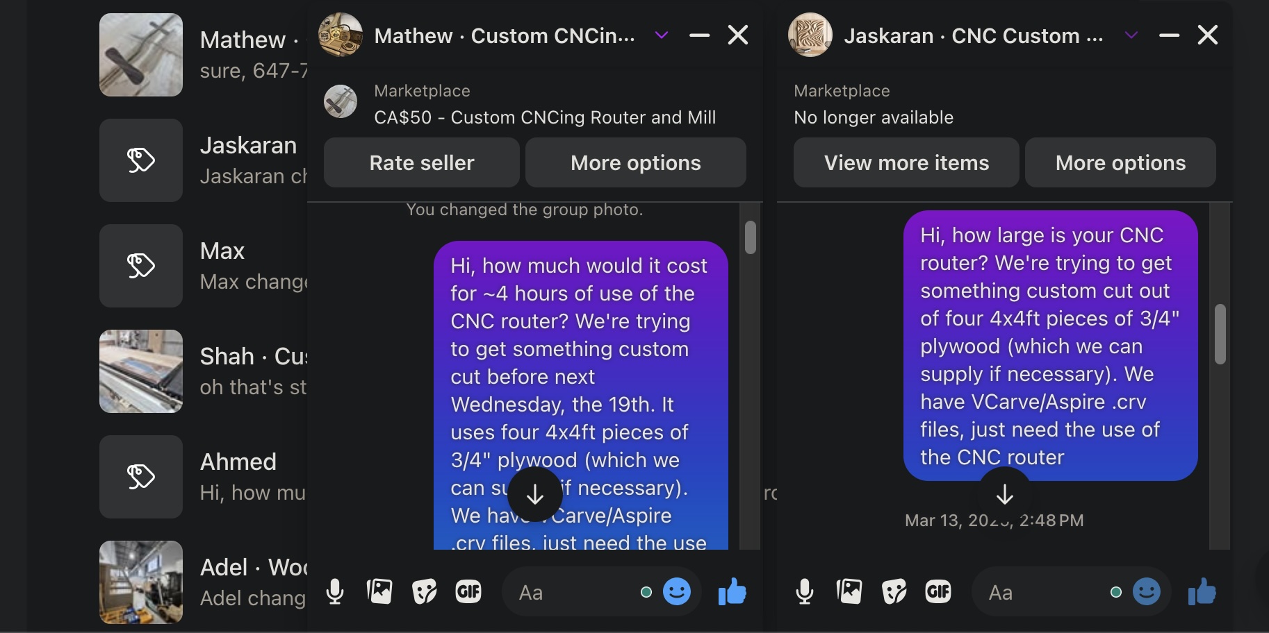 Facebook Marketplace screenshot showing Kai's DMs to many CNC providers.