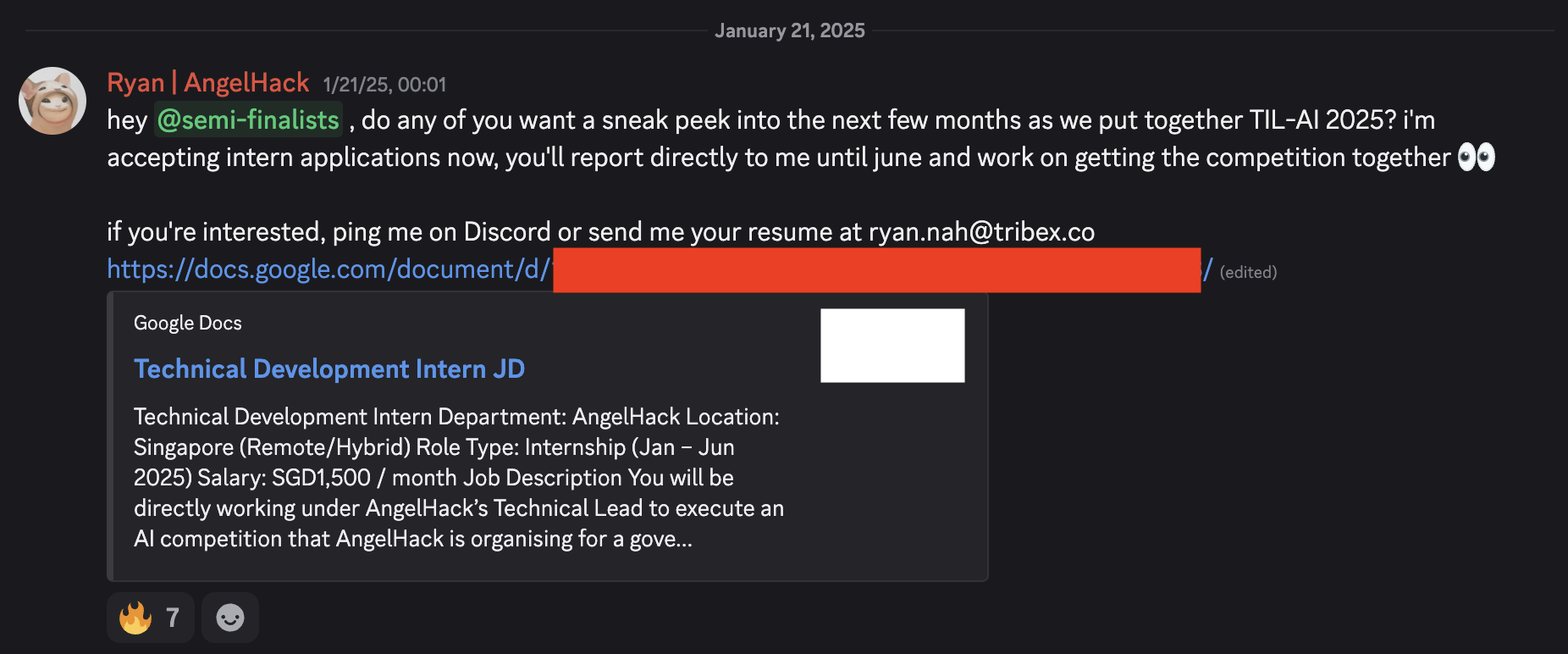 Screenshot of the Discord message I sent to the semi-finalists from TIL-AI 2024.