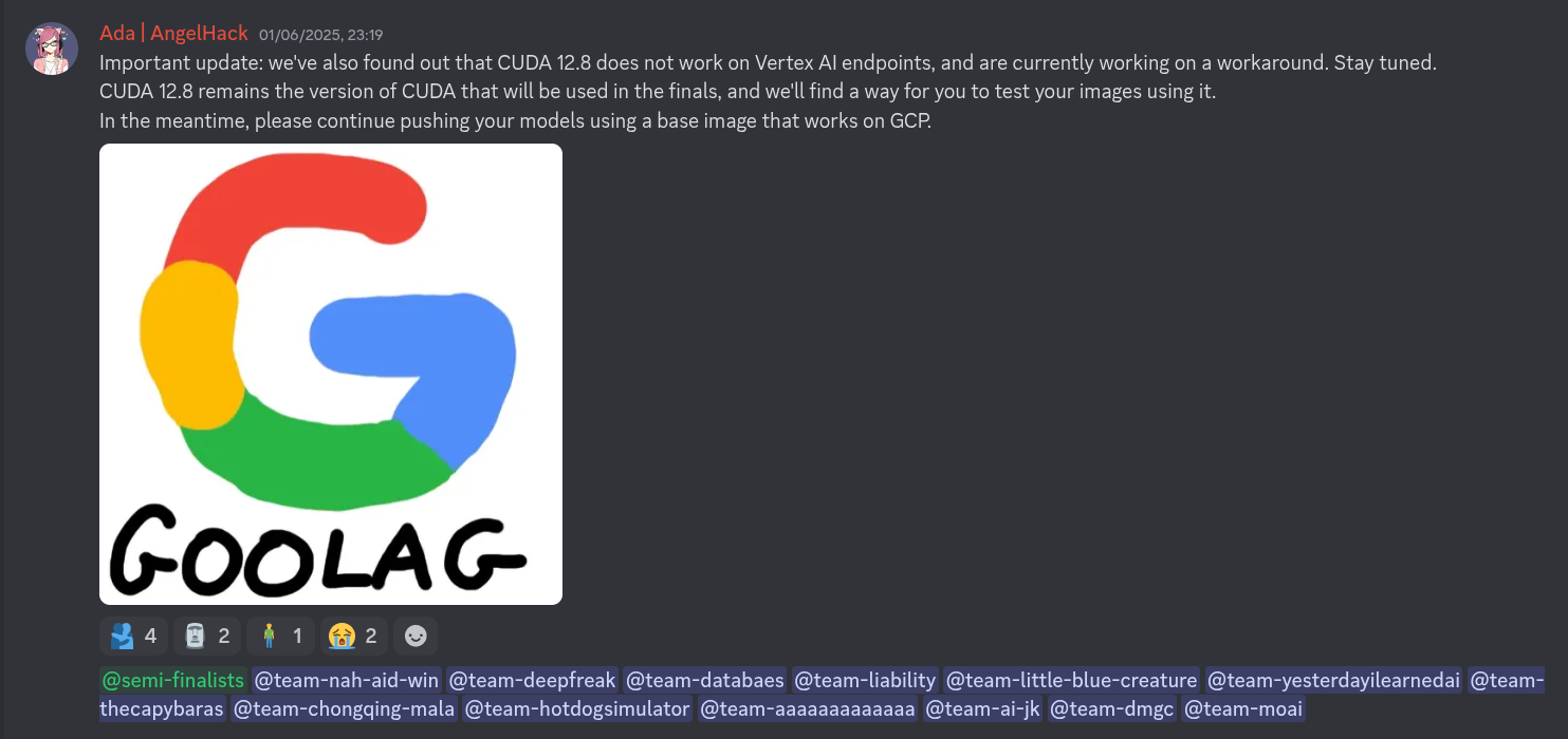 Ada informing everyone that, as it turns out, CUDA 12.8 does not, in fact, work on GCP.