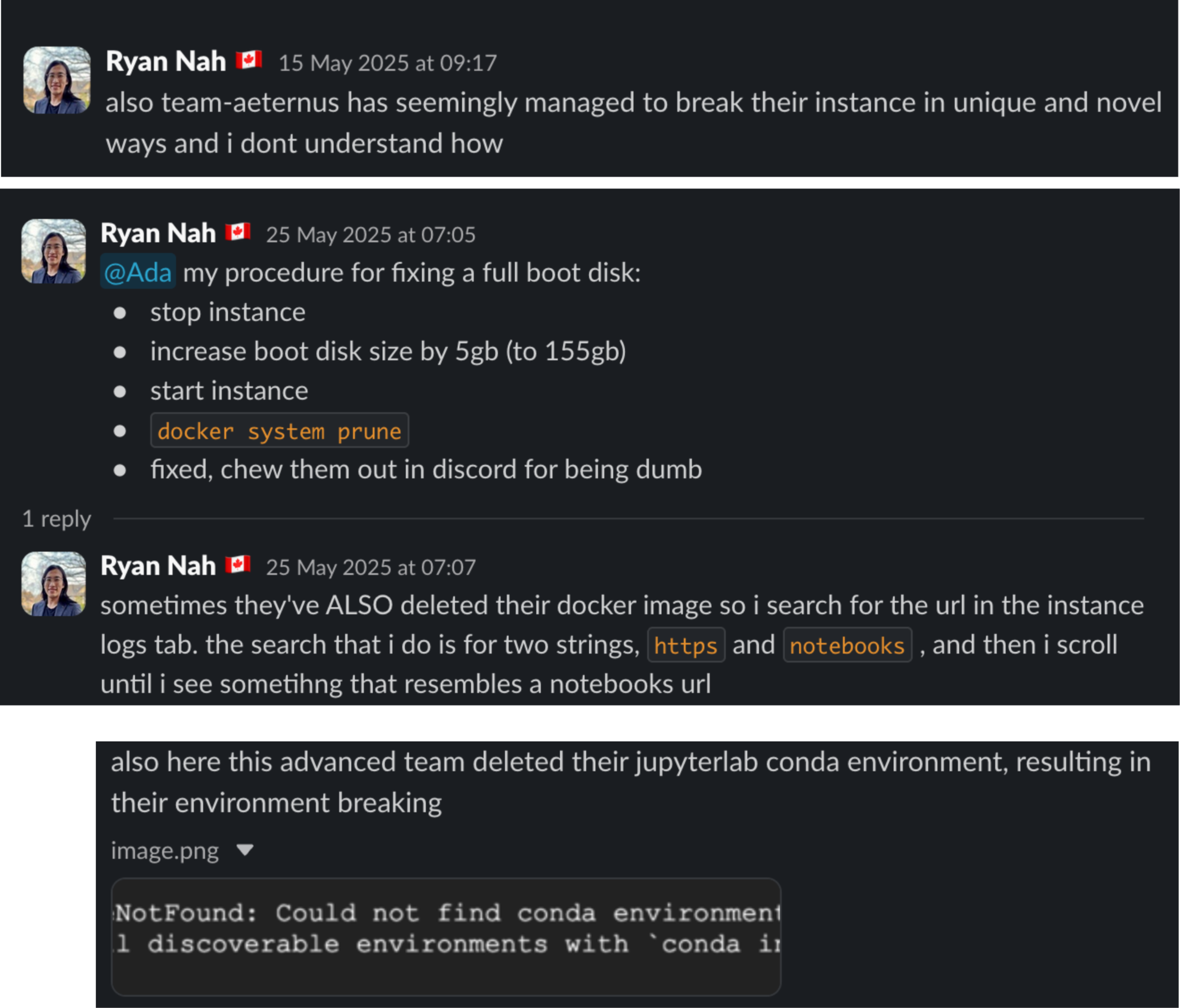 Collage of several Slack messages I sent complaining about the unique and novel ways in which participants break their instances.